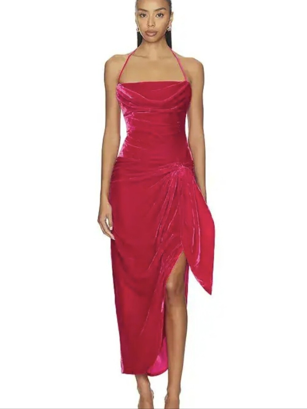 Cinq á Sept Noah Velvet Halterneck Midi Dress in Raspberry Rose